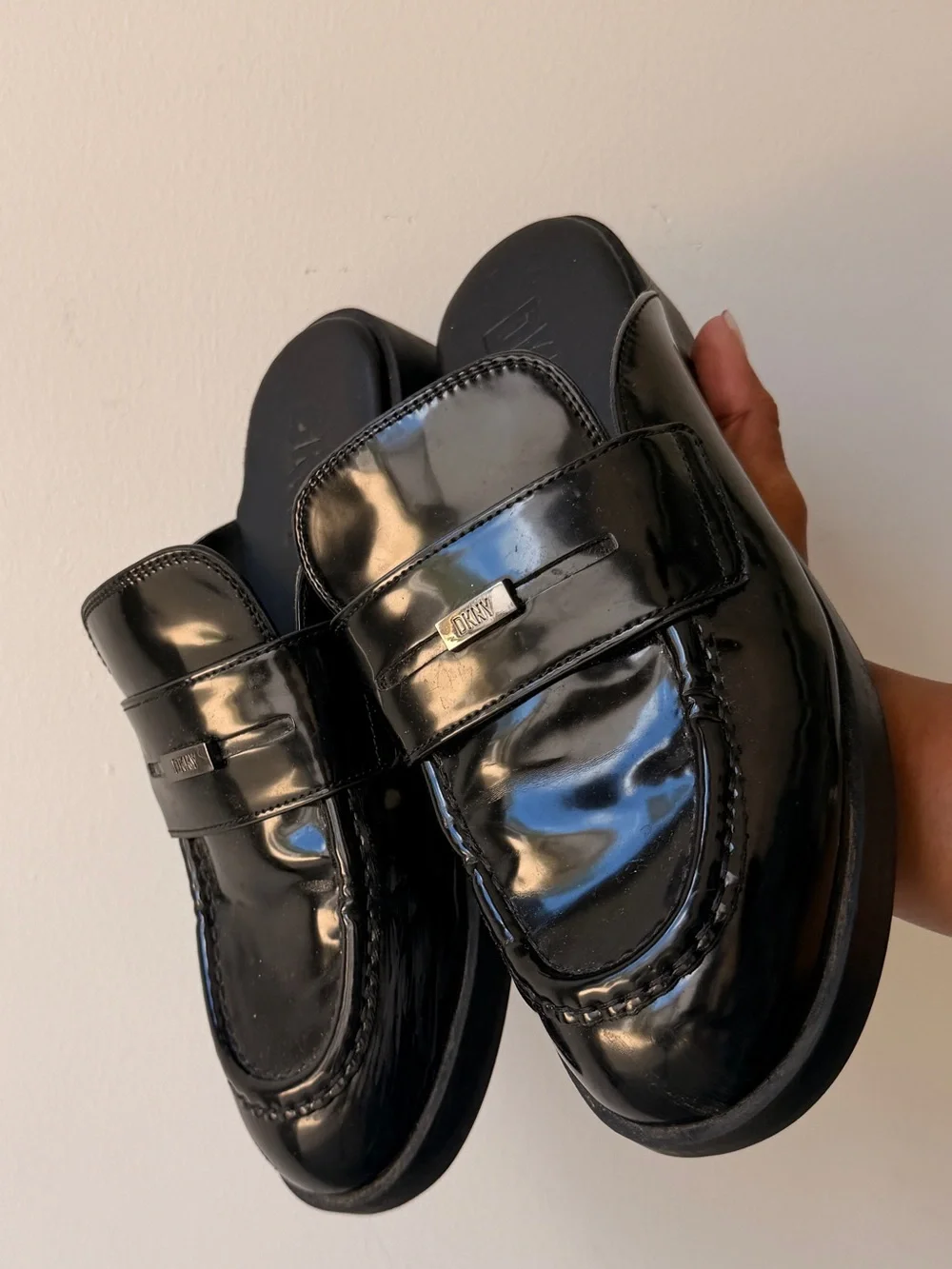 DKNY Black Patent Leather Slip-On Loafers with Metal Logo